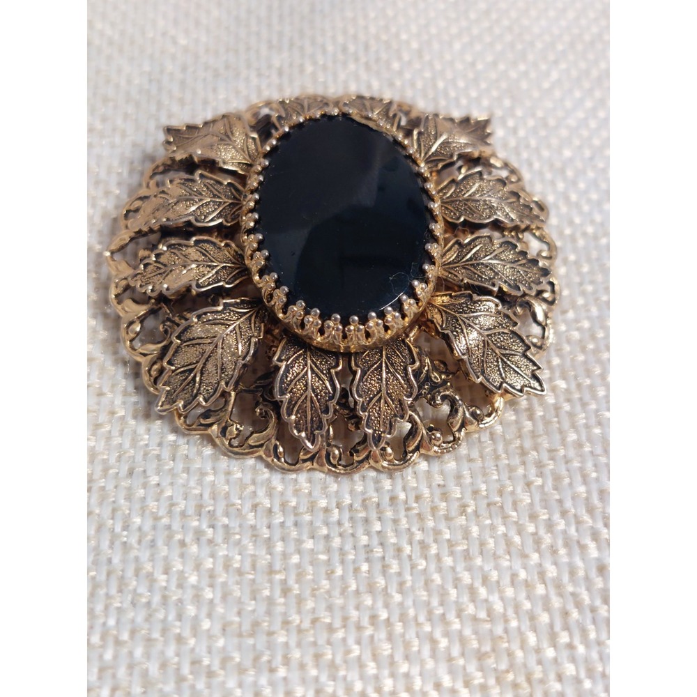 Black Cabochon Brooch Pendant Convertible Pin Faux Onyx Leaf Vintage Gold Tone - Picture 2 of 9